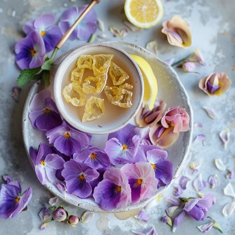 A refreshing beverage in a rustic cup with crystallized ginger on top, accented by a lemon slice and a sprig of mint, surrounded by an array of purple pansies and rose petals on a textured surface.